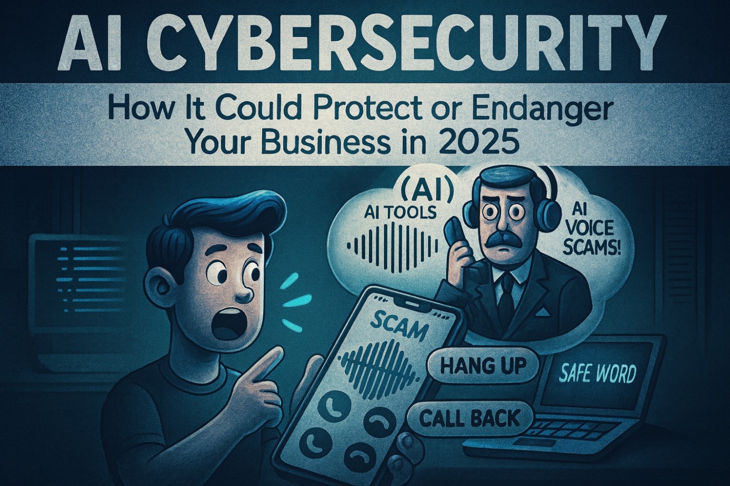 AI cybersecurity scene, hand-drawn vintage IT office: worker points to phone marked “SCAM”; bubble shows AI voice scammer; laptop says “SAFE WORD”