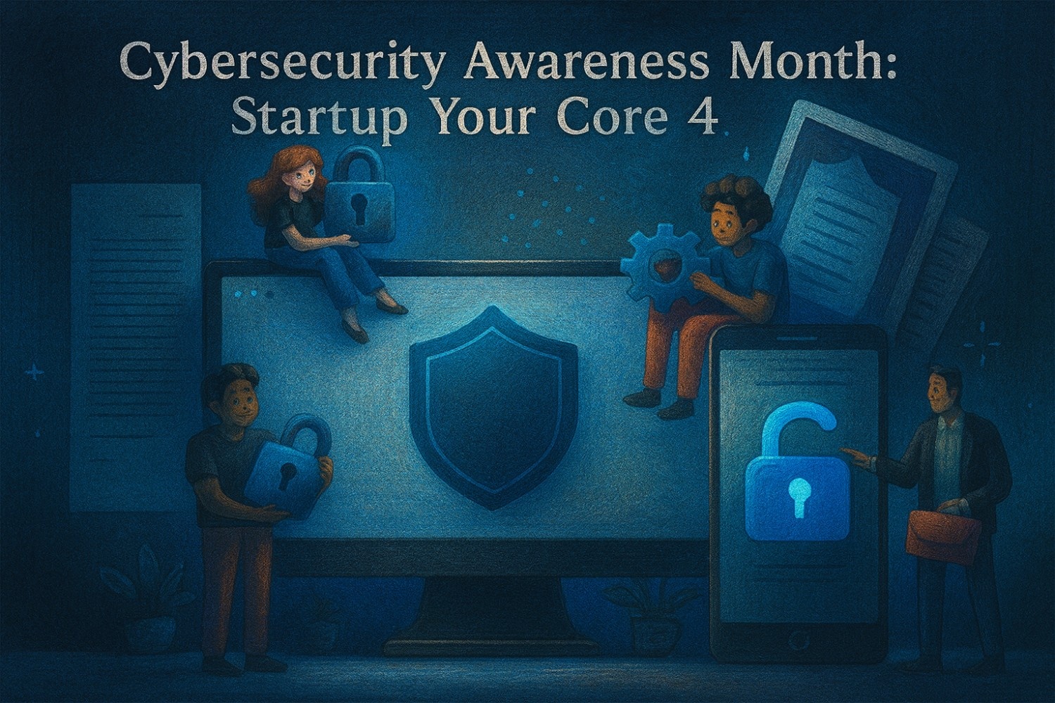 Digital illustration of a cybersecurity team inside a modern IT office, securing devices and data with locks and shields, promoting Cybersecurity Awareness Month: Startup Your Core 4.