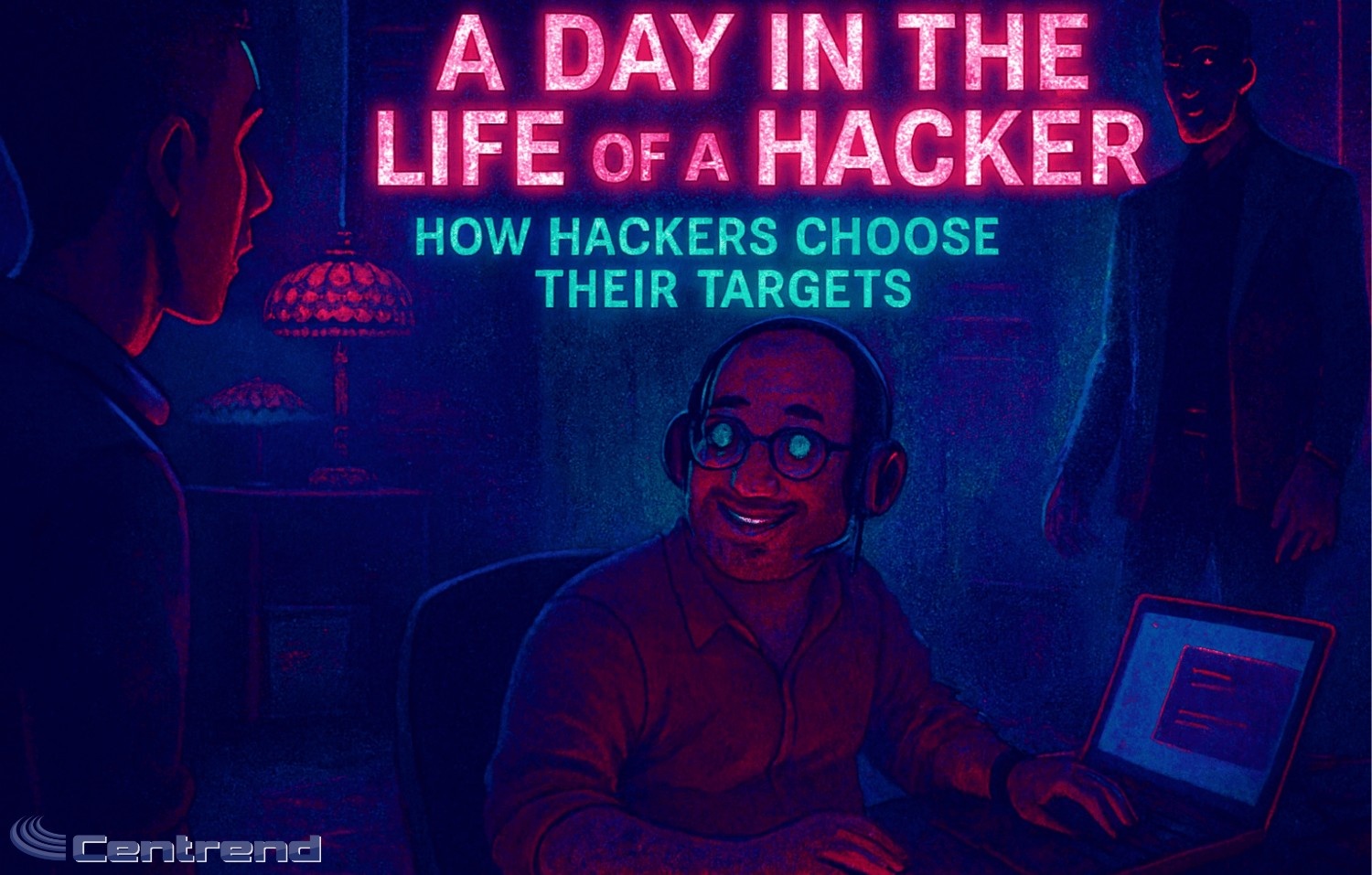 Illustration of a hacker scanning for targets on a laptop, representing how hackers choose their targets based on weak security habits.