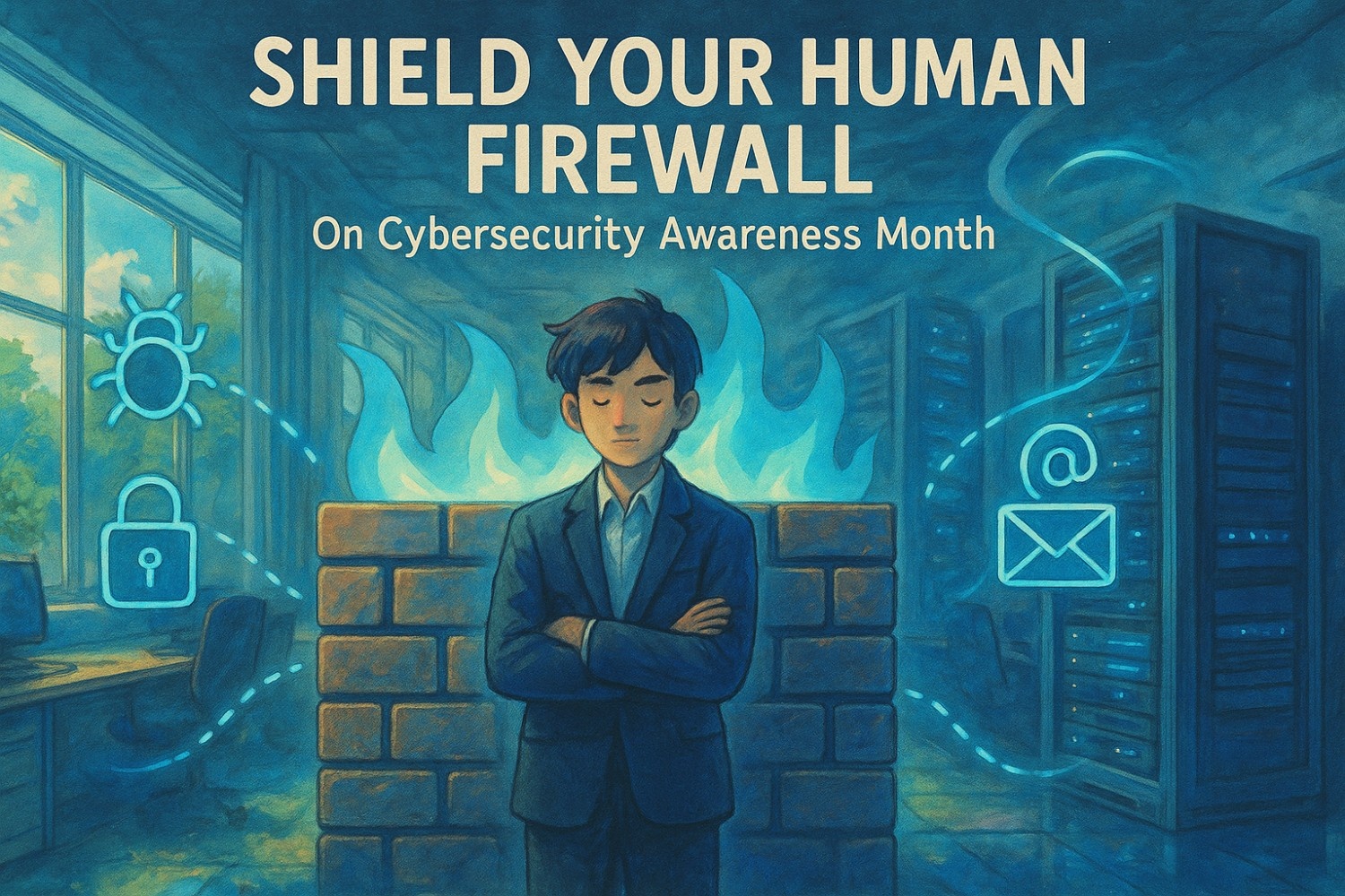 Illustration of employees standing in front of a digital firewall, symbolizing a strong human firewall during Cybersecurity Awareness Month, with a focus on team awareness, phishing prevention, and workplace cybersecurity culture.