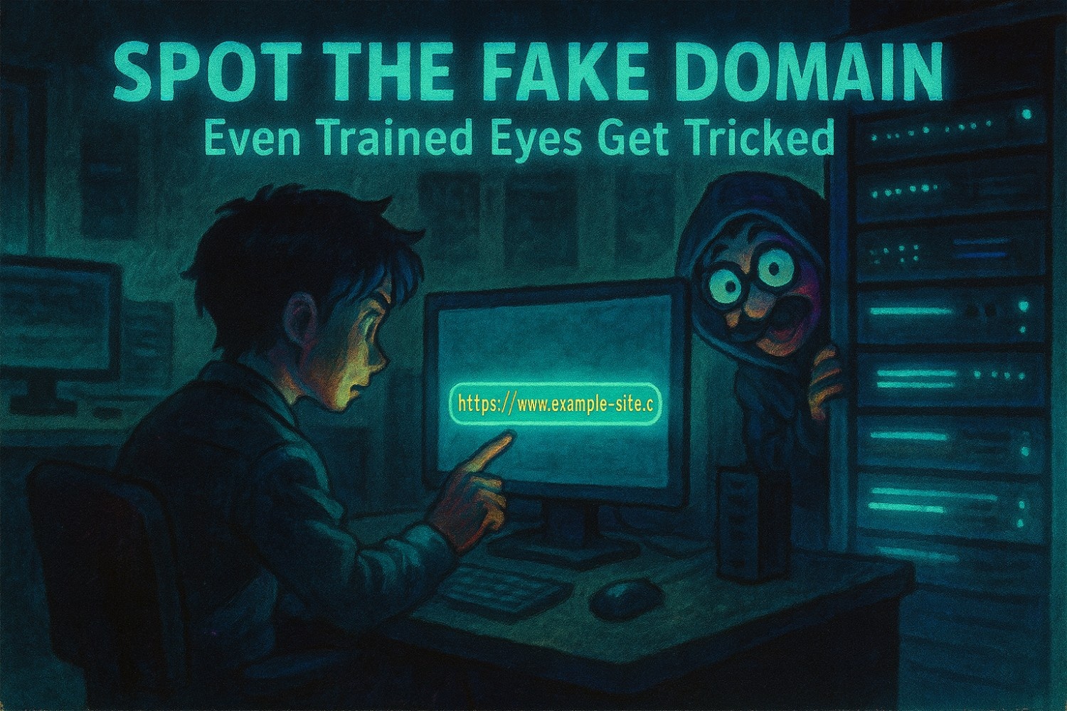 Spot The Fake Domaon. Person pointing at a suspicious domain on a computer screen while a hooded figure lurks behind server racks, symbolizing phishing tactics.