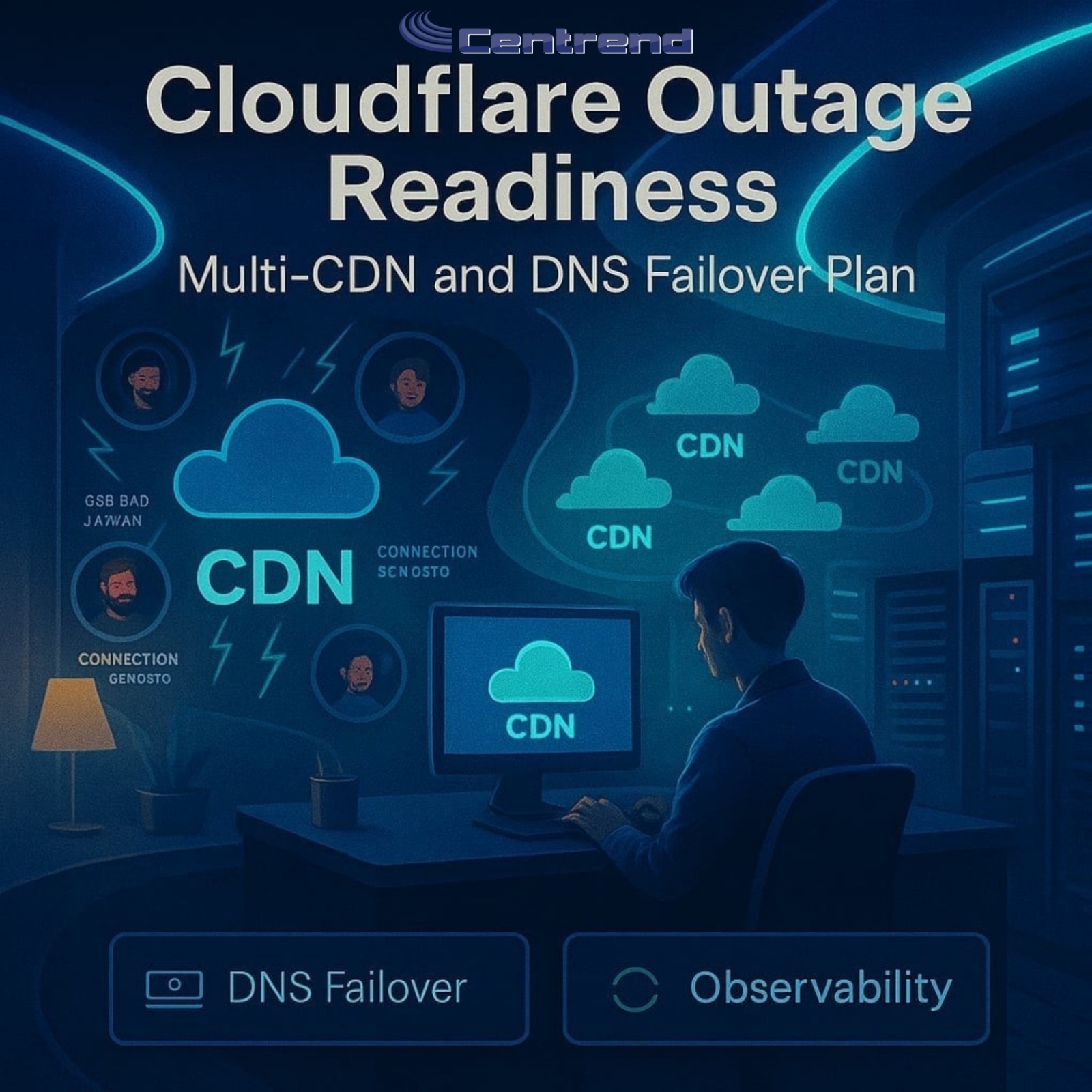 Cloudflare Outage Readiness graphic showing an engineer managing multi-CDN routing, DNS failover, and observability in a server room