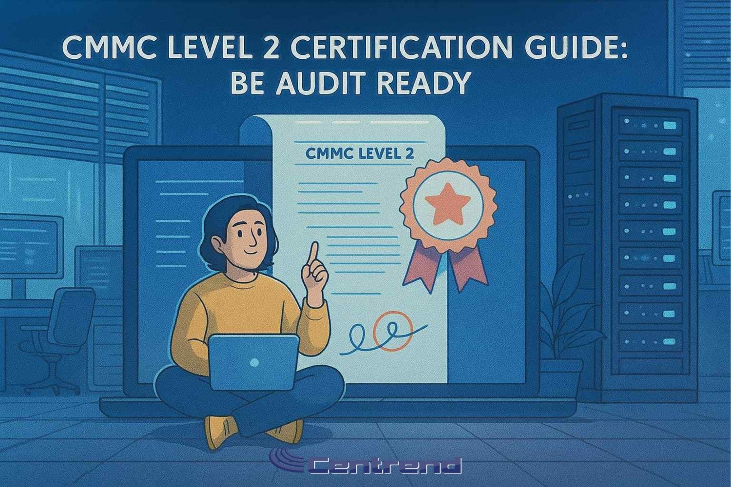 CMMC Level 2 Certification Guide hero with engineer on laptop, audit badge, and document in a server room, Centrend