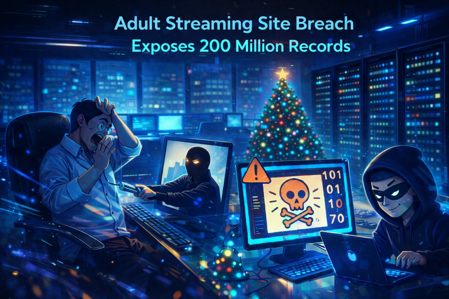 Adult streaming site breach warning graphic showing a laptop, data leak icons, and a padlock symbol, highlighting 200 million exposed records.