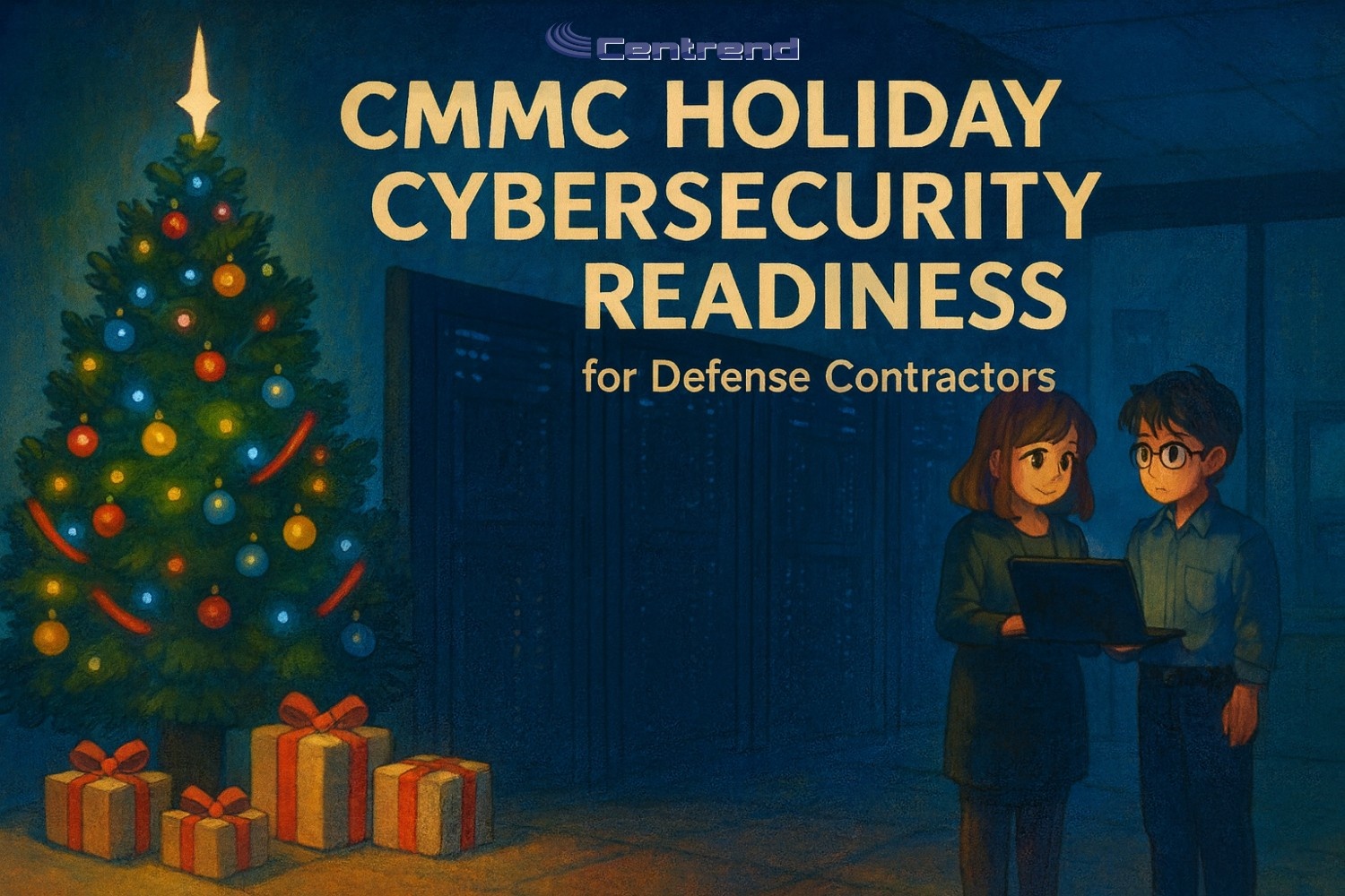 CMMC holiday cybersecurity readiness graphic with a Christmas tree, data center, and two defense contractors reviewing a laptop.