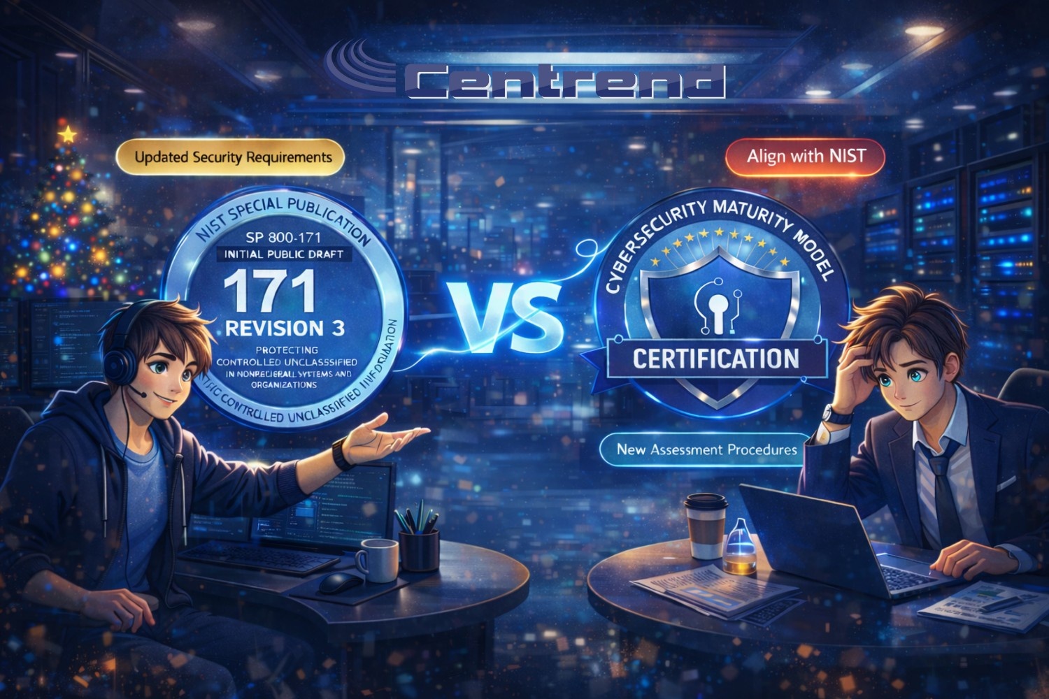 CMMC Level 2 vs NIST SP 800-171 Revision 3 certification in a modern IT office, highlighting updated security requirements, aligning with NIST, and new assessment procedures.