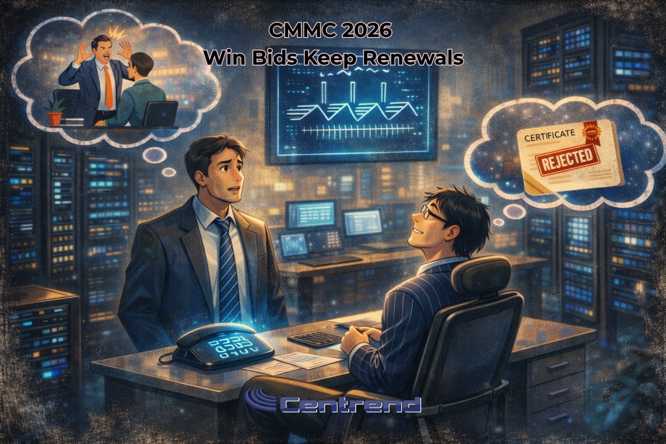Illustration of two professionals in a server room with thought bubbles showing a rejected certificate and a tense meeting, titled “CMMC 2026 Win Bids Keep Renewals” with Centrend logo