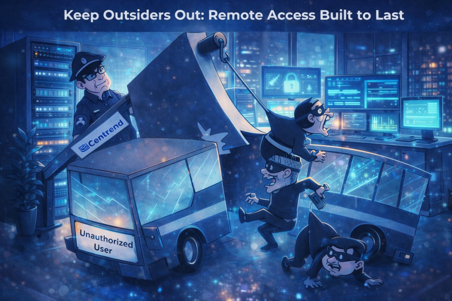 Illustration showing secure remote access as a protected modern IT office, with servers and glowing blue security barriers pushing unauthorized users away.