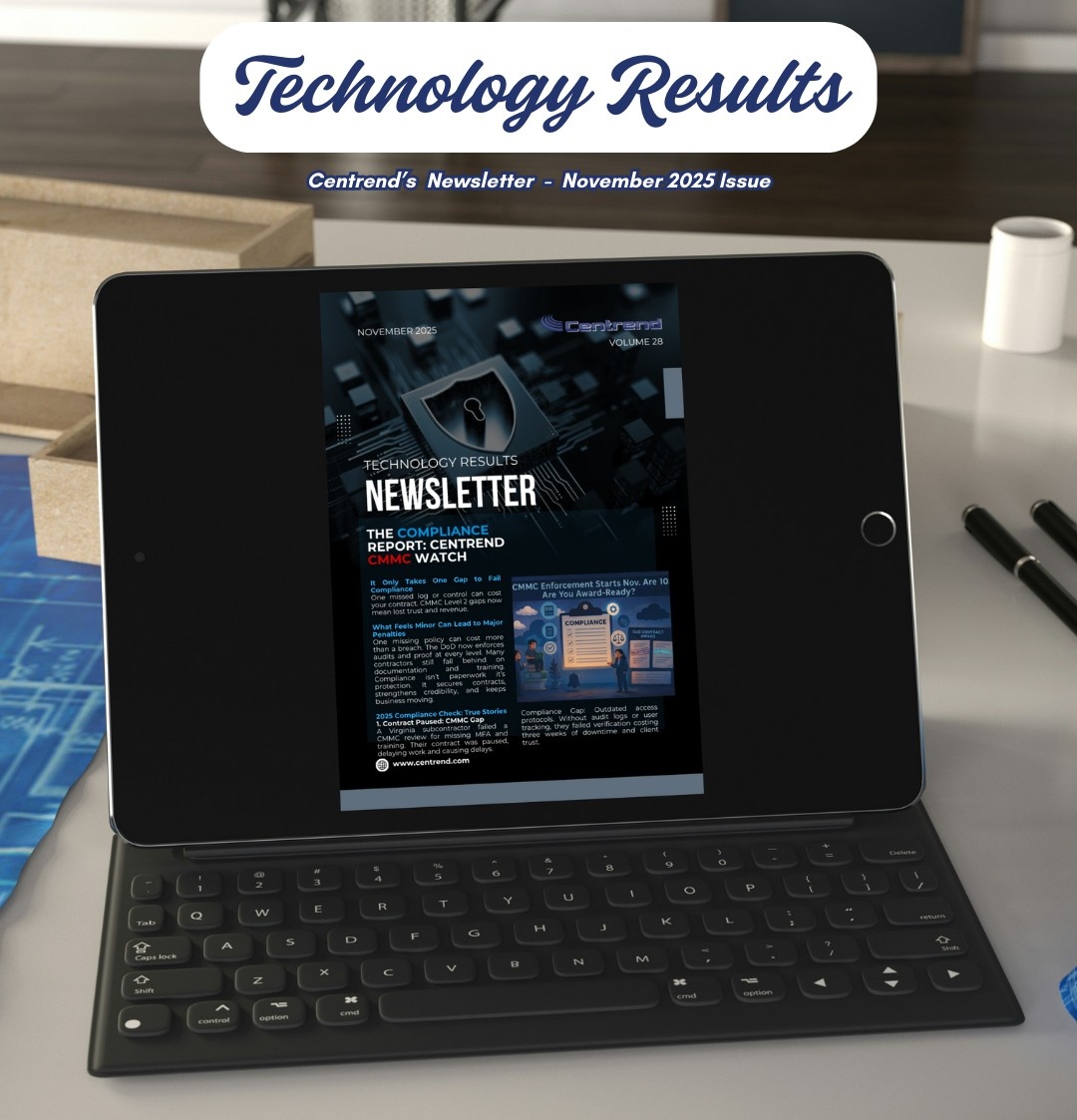 Tablet with keyboard on a desk showing Centrend’s Technology Results Newsletter cover for November 2025, Volume 28, focused on CMMC compliance.