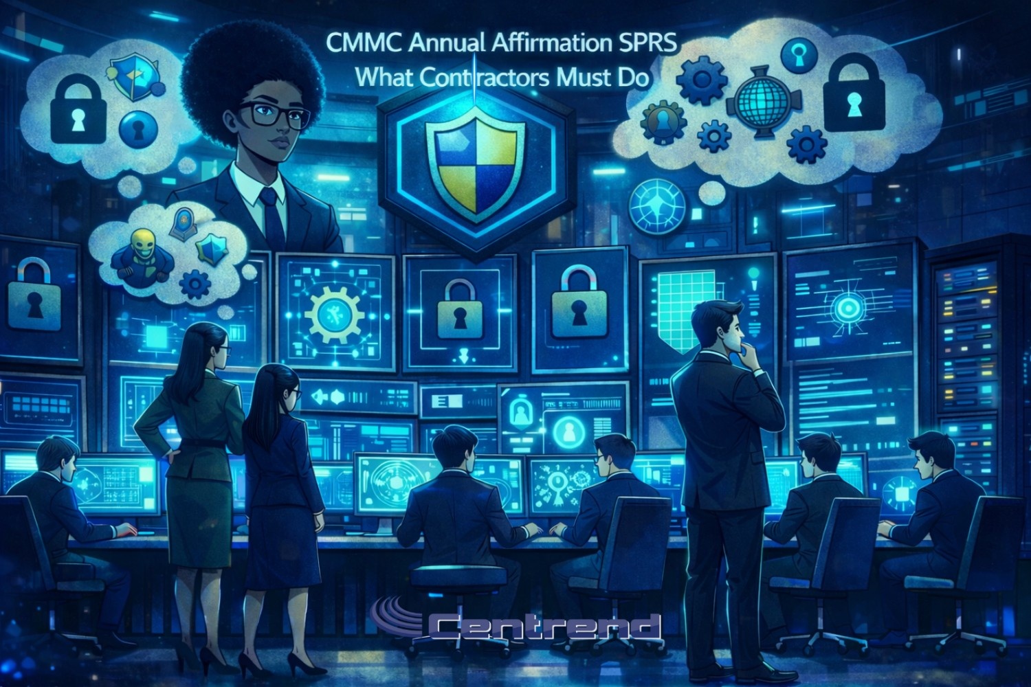 Defense contractors reviewing CMMC annual affirmation requirements in SPRS with cybersecurity dashboards, locks, and compliance symbols
