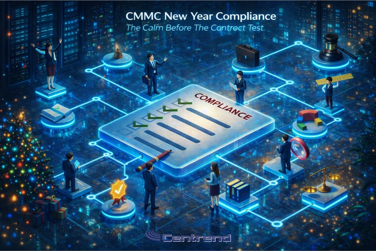CMMC New Year Compliance graphic showing a digital checklist and contract icons connected in a blue network style scene