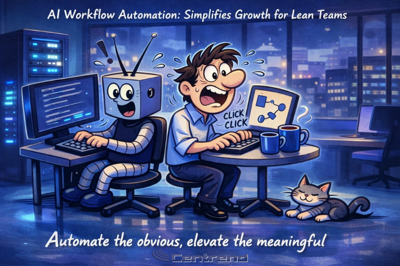 AI Workflow automation illustration showing a robot and a human working side by side in a blue-lit digital office, with glowing screens, server racks, and a resting cat, highlighting fast task execution and team support.