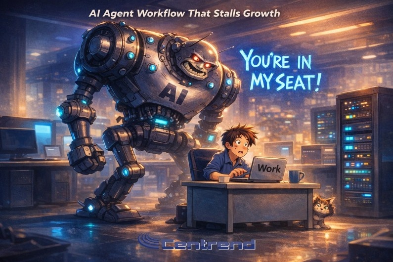 AI Agent workflow scene showing a giant AI robot looming over a surprised office worker at a desk, with the text “You’re in my seat!” and a warning theme about stalled growth.