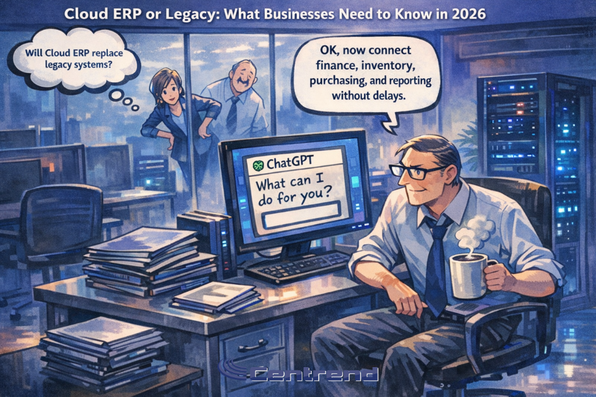 Cloud ERP or Legacy. Illustrated modern IT office with Paul Laflamme holding coffee beside a ChatGPT screen, representing cloud ERP vs legacy ERP in 2026.