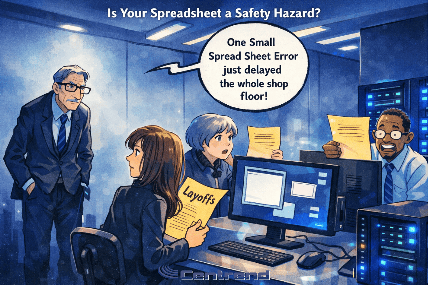 Anime-style office scene showing employees reacting to a spreadsheet error that delayed the whole shop floor, with modern blue-toned IT office and server racks.