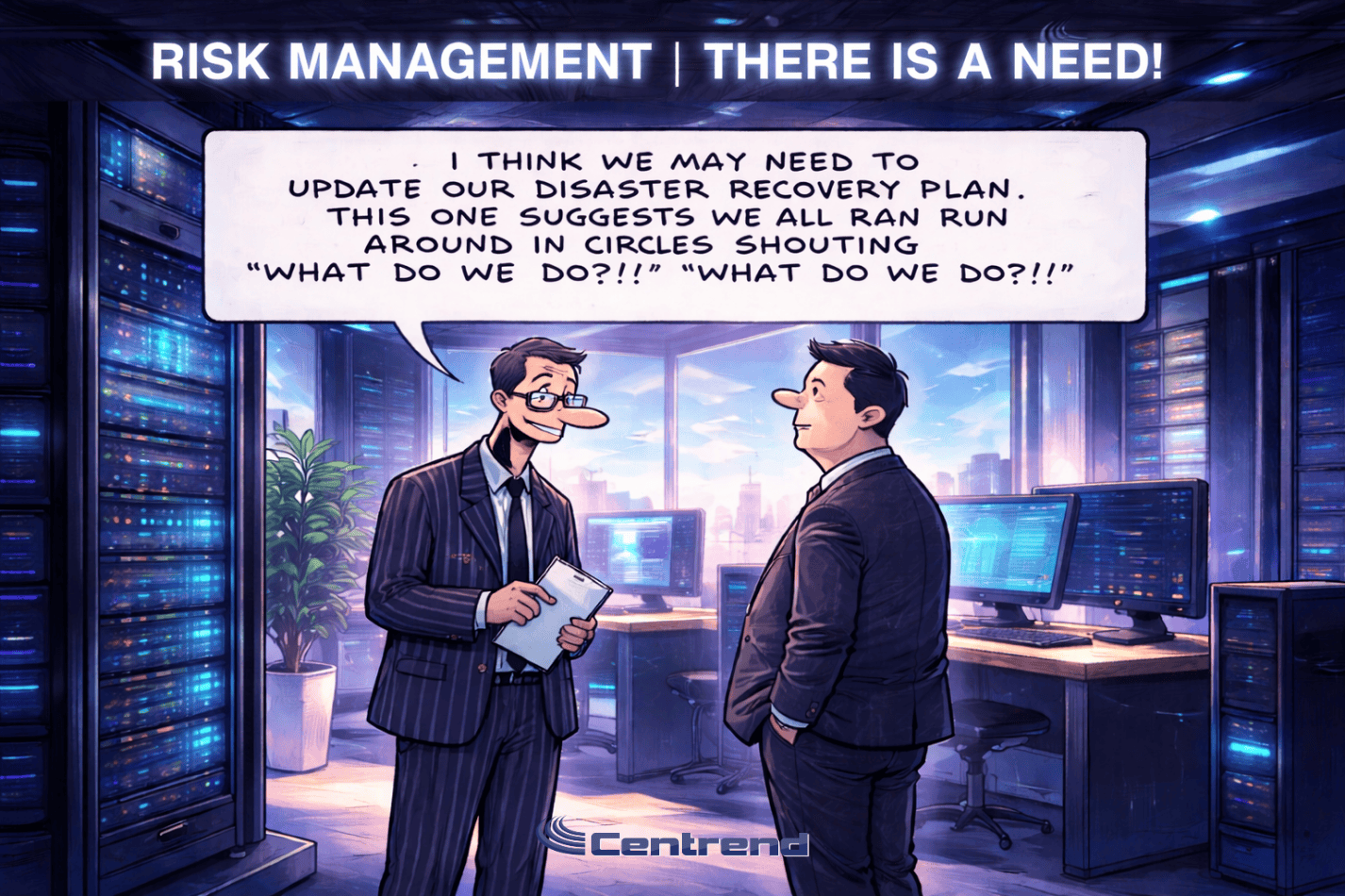 Two businessmen in a modern IT office, humorously discussing an outdated disaster recovery plan with glowing server racks and city views in the background.