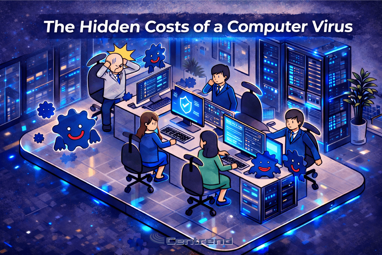 Anime-style illustration of a modern IT office under a computer virus attack, with employees working at computers while virus icons spread across systems.