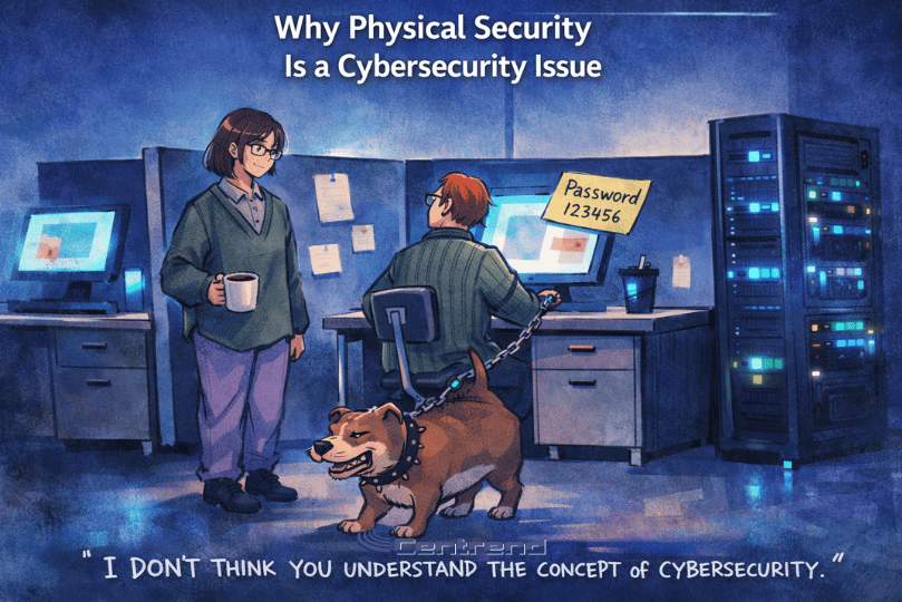 Anime-style blog image showing a modern IT office with glowing server racks, a worker at a computer with a weak password note, a coworker holding coffee, and a dog chained to the desk under the title “Why Physical Security Is a Cybersecurity Issue.”