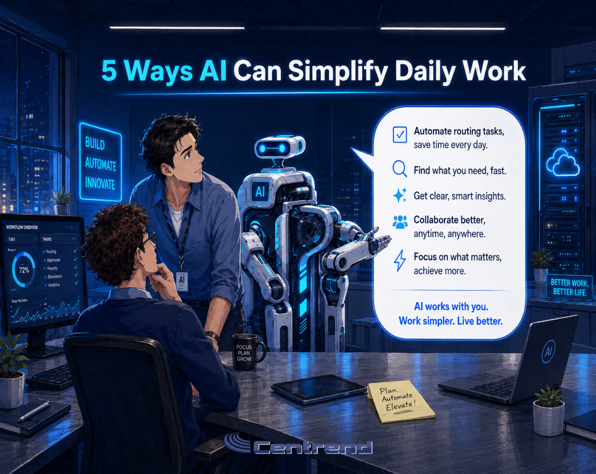 5 Ways AI Can Simplify Daily Work in a modern IT office scene showing two team members and a robot assistant collaborating beside servers and digital screens.