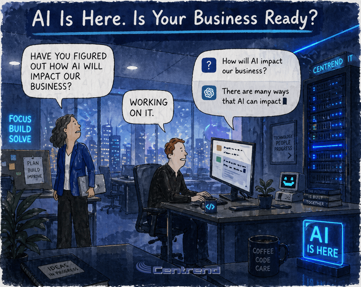 AI is here in a modern IT office scene showing a team exploring how AI can impact business workflows, planning, and technology strategy.