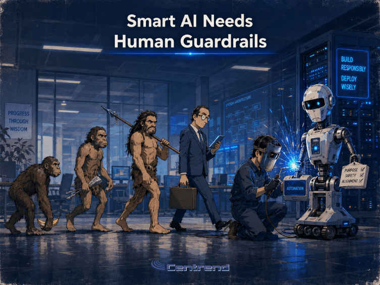 Smart AI Needs Human Guardrails illustration showing the evolution from early humans to a modern worker and a robot in a blue-toned IT office with servers and human oversight.