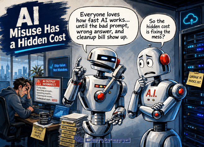 AI Misuse Has a Hidden Cost editorial cartoon showing AI-themed office characters in a modern tech setting, highlighting the risks of careless AI use.