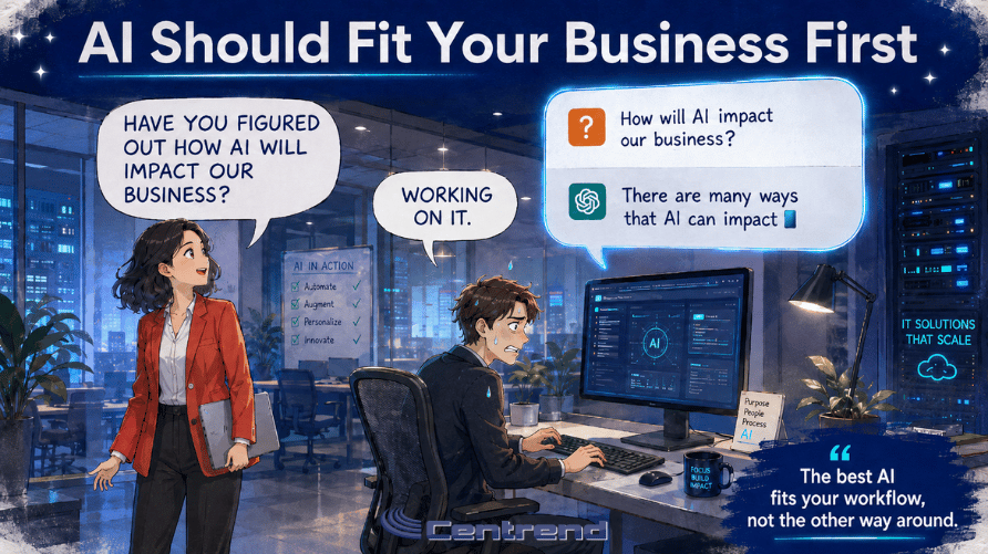 AI Should Fit Your Business First blog image showing a worried employee using AI in a modern IT office while a coworker asks how AI will impact the business.