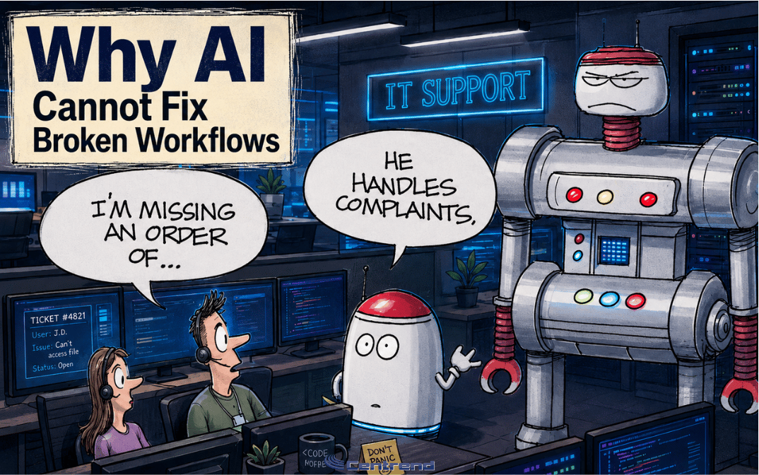 Comic-style IT office showing robots handling a broken customer support workflow under the title “Why AI Cannot Fix Broken Workflows.”