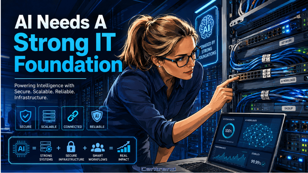 AI Needs A Strong IT Foundation illustration showing an IT professional inspecting server infrastructure, organized network cables, system health dashboards, and secure technology foundations that support reliable AI use.