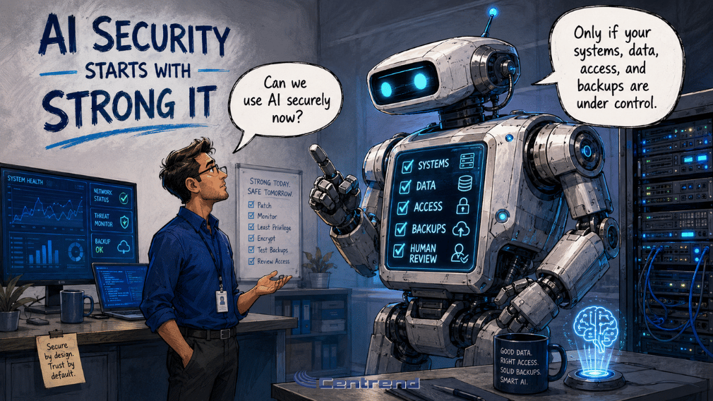 AI Security Starts With Strong IT illustration showing an IT professional asking a large AI robot if AI can be used securely, while the robot explains that systems, data, access, and backups must be under control.