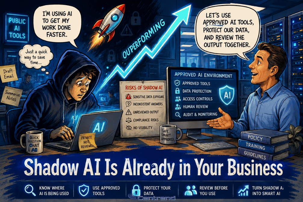 Shadow AI vs corporate AI initiatives illustration showing a split modern IT office scene, with hidden AI use outperforming a tied-up enterprise robot in a blue futuristic setting.
