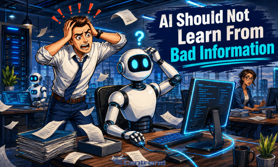 AI Should Not Learn From Bad Information illustration showing a stressed office worker beside a confused AI robot in a modern IT office, with papers flying and staff working in the background.
