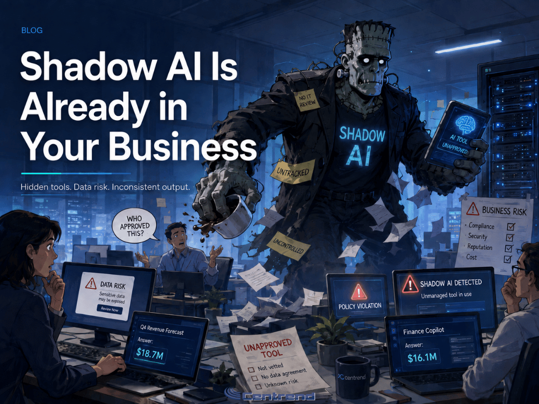 Shadow AI illustration of a chaotic modern IT office, showing a large AI figure causing hidden disruption while employees struggle, symbolizing unapproved AI use, data risk, and lack of oversight.